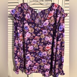 NWT PIONEER WOMAN XL Boho Top Purple Floral Ruffle Detail Long Sleeves